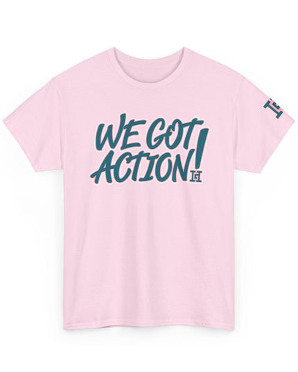 Gar Gear WE GOT ACTION! Drop #97 Light Pink crew neck t-shirt – front view