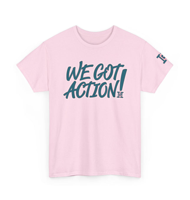 Gar Gear WE GOT ACTION! Drop #97 Light Pink crew neck t-shirt – front view