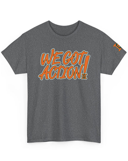 Gar Gear WE GOT ACTION! Drop #98 Heather Grey crew neck t-shirt – front view