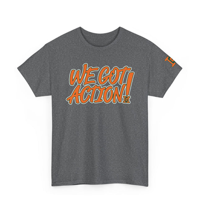 Gar Gear WE GOT ACTION! Drop #98 Heather Grey crew neck t-shirt – front view
