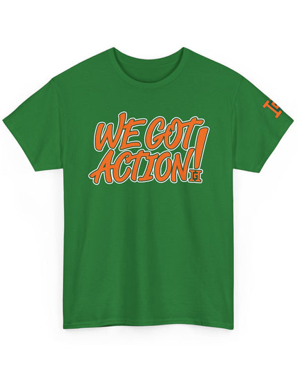 Gar Gear WE GOT ACTION! Drop #98 Turf Green crew neck t-shirt – front view