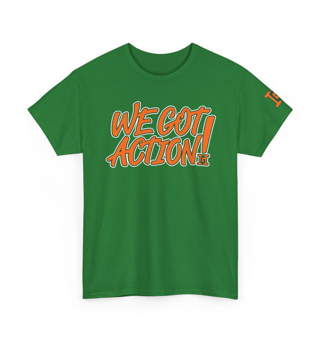 Gar Gear WE GOT ACTION! Drop #98 Turf Green crew neck t-shirt – front view