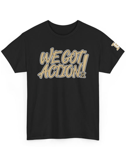 Gar Gear WE GOT ACTION! Drop #99 Black crew neck t-shirt – front view