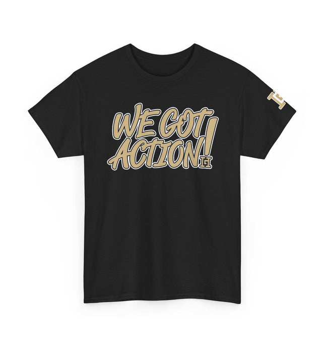 Gar Gear WE GOT ACTION! Drop #99 Black crew neck t-shirt – front view