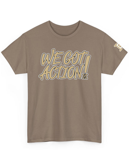 Gar Gear WE GOT ACTION! Drop #99 Brown crew neck t-shirt – front view