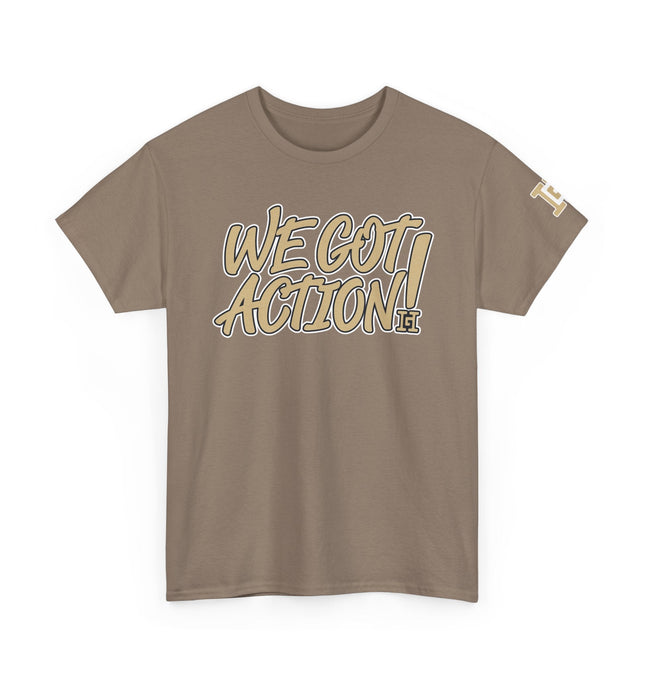 Gar Gear WE GOT ACTION! Drop #99 Brown crew neck t-shirt – front view