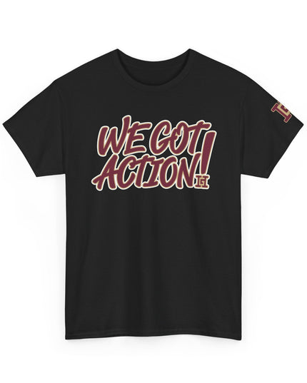 Gar Gear WE GOT ACTION! Drop #100 Black crew neck t-shirt – front view
