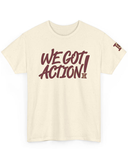 Gar Gear WE GOT ACTION! Drop #100 Natural crew neck t-shirt – front view