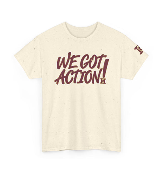 Gar Gear WE GOT ACTION! Drop #100 Natural crew neck t-shirt – front view