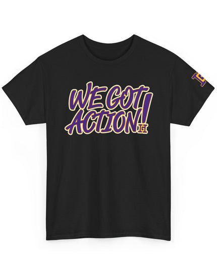 Gar Gear WE GOT ACTION! Drop #101 Black crew neck t-shirt – front view