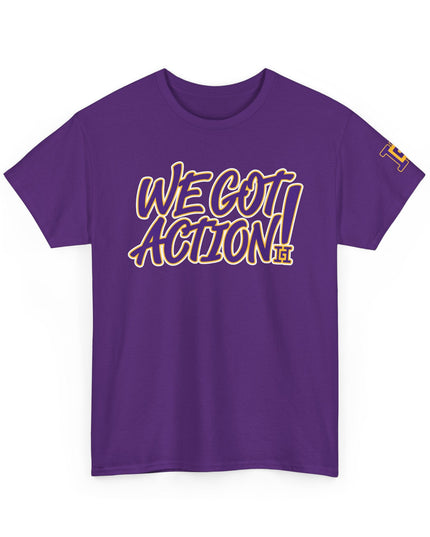 Gar Gear WE GOT ACTION! Drop #101 Purple crew neck t-shirt – front view