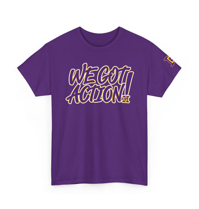 Gar Gear WE GOT ACTION! Drop #101 Purple crew neck t-shirt – front view