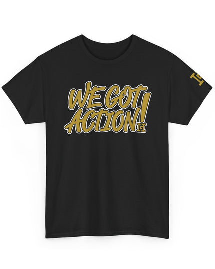 Gar Gear WE GOT ACTION! Drop #102 Black crew neck t-shirt – front view