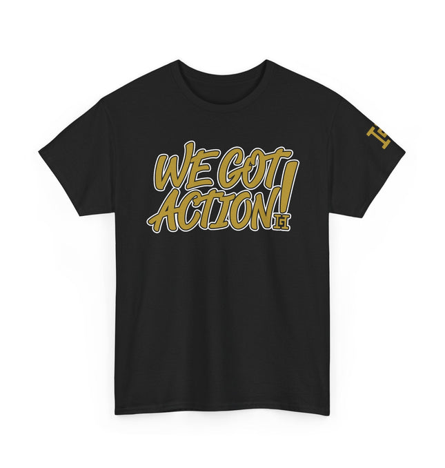 Gar Gear WE GOT ACTION! Drop #102 Black crew neck t-shirt – front view
