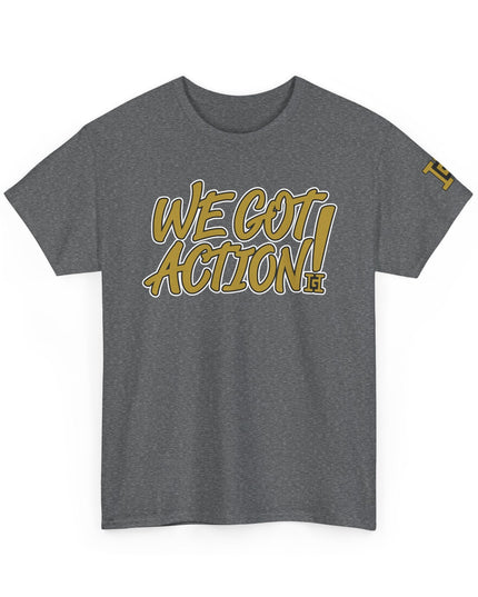 Gar Gear WE GOT ACTION! Drop #102 Heather Grey crew neck t-shirt – front view