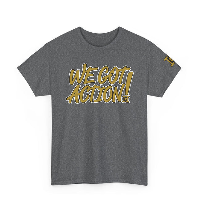 Gar Gear WE GOT ACTION! Drop #102 Heather Grey crew neck t-shirt – front view