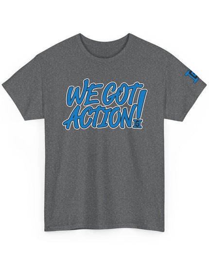 Gar Gear WE GOT ACTION! Drop #103 Heather Grey crew neck t-shirt – front view