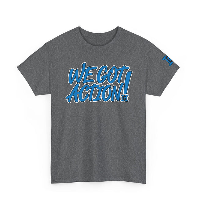 Gar Gear WE GOT ACTION! Drop #103 Heather Grey crew neck t-shirt – front view