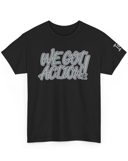 Gar Gear WE GOT ACTION! Drop #104 Black crew neck t-shirt – front view
