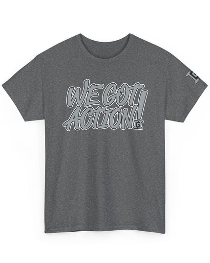 Gar Gear WE GOT ACTION! Drop #104 Heather Grey crew neck t-shirt – front view