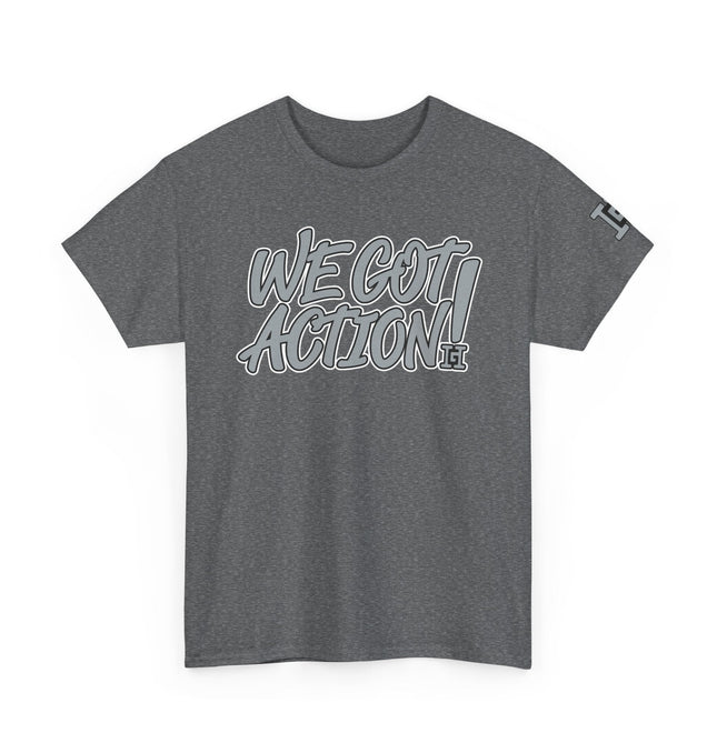 Gar Gear WE GOT ACTION! Drop #104 Heather Grey crew neck t-shirt – front view