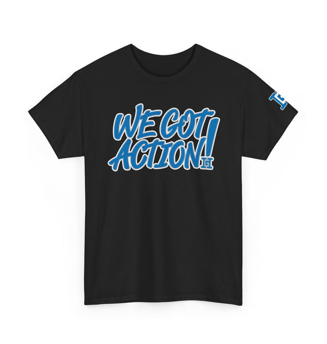 Gar Gear WE GOT ACTION! Drop #105 Black crew neck t-shirt – front view