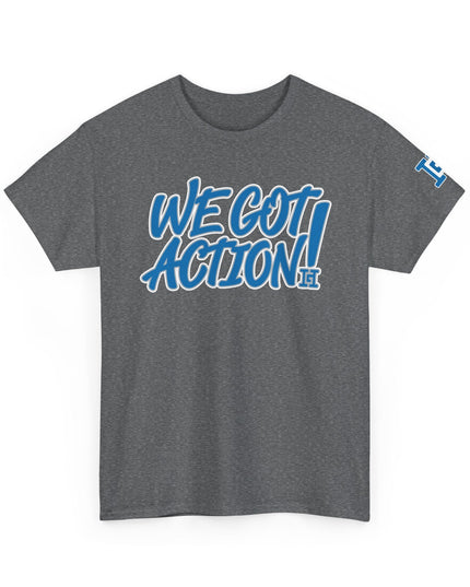 Gar Gear WE GOT ACTION! Drop #105 Heather Grey crew neck t-shirt – front view