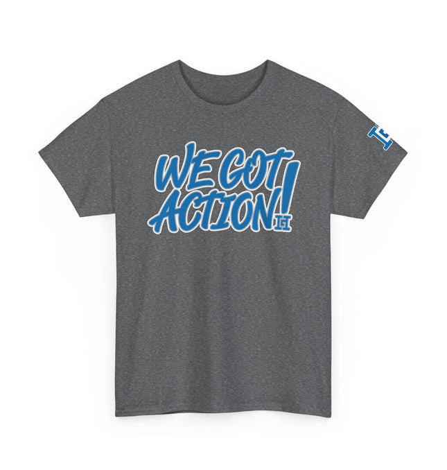 Gar Gear WE GOT ACTION! Drop #105 Heather Grey crew neck t-shirt – front view