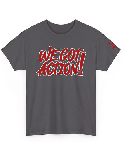 Gar Gear WE GOT ACTION! Drop #106 Charcoal crew neck t-shirt – front view