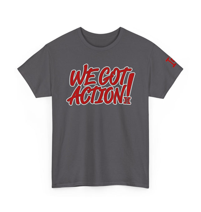 Gar Gear WE GOT ACTION! Drop #106 Charcoal crew neck t-shirt – front view