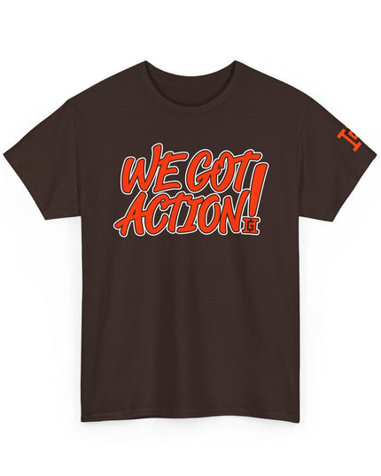 Gar Gear WE GOT ACTION! Drop #107 Dark Chocolate crew neck t-shirt – front view