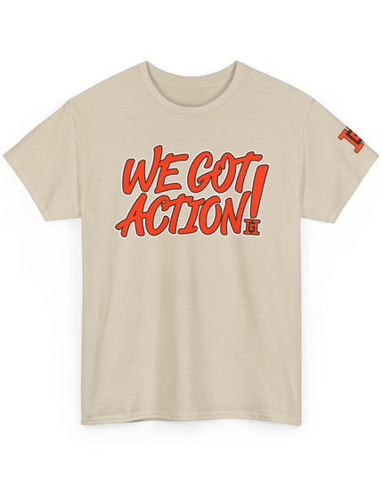 Gar Gear WE GOT ACTION! Drop #107 Sand crew neck t-shirt – front view