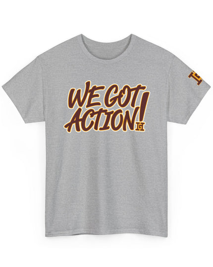 Gar Gear WE GOT ACTION! Drop #108 Sport Grey crew neck t-shirt – front view