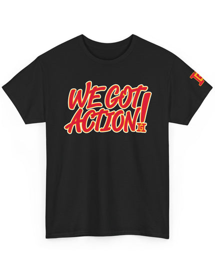 Gar Gear WE GOT ACTION! Drop #109 Black crew neck t-shirt – front view