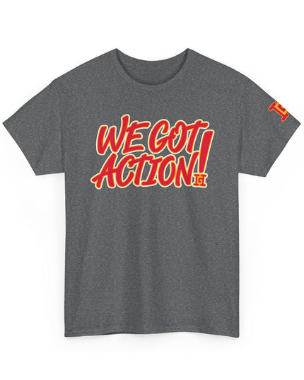 Gar Gear WE GOT ACTION! Drop #109 Heather Grey crew neck t-shirt – front view