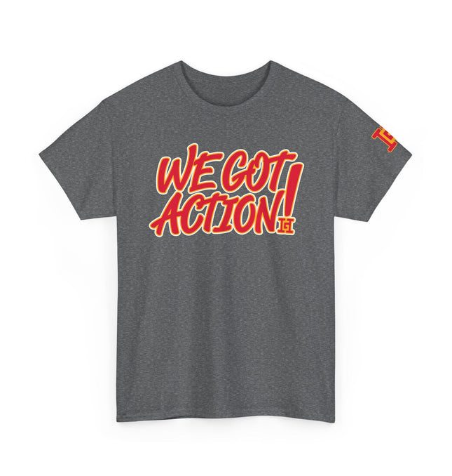 Gar Gear WE GOT ACTION! Drop #109 Heather Grey crew neck t-shirt – front view