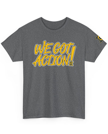 Gar Gear WE GOT ACTION! Drop #110 Heather Grey crew neck t-shirt – front view