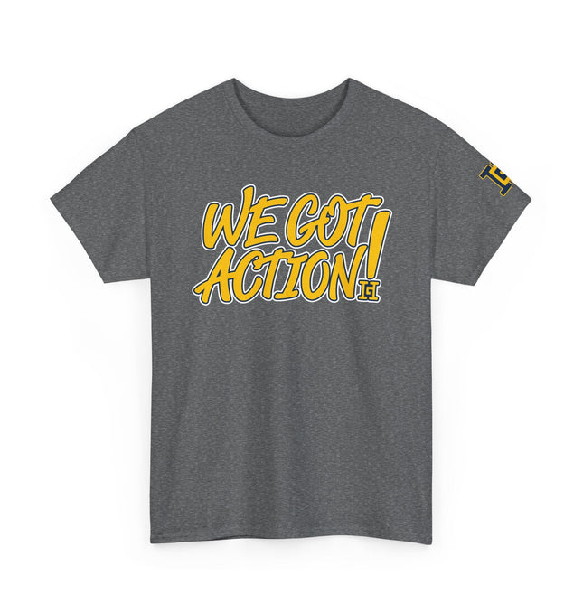 Gar Gear WE GOT ACTION! Drop #110 Heather Grey crew neck t-shirt – front view