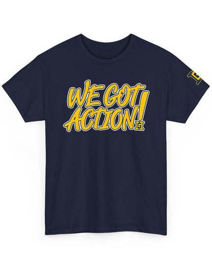 Gar Gear WE GOT ACTION! Drop #110 Navy Blue crew neck t-shirt – front view