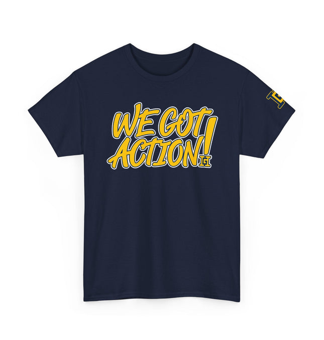 Gar Gear WE GOT ACTION! Drop #110 Navy Blue crew neck t-shirt – front view