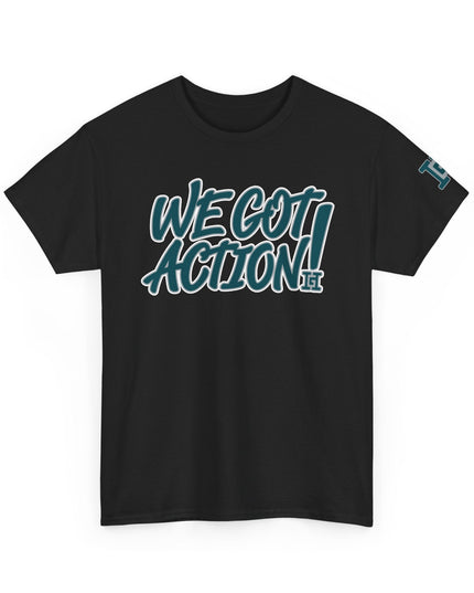 Gar Gear WE GOT ACTION! Drop #111 Black crew neck t-shirt – front view