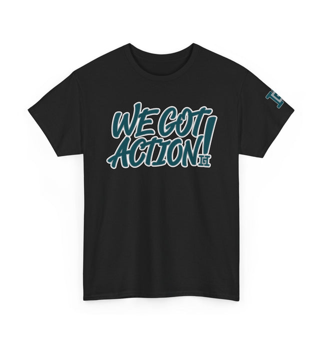 Gar Gear WE GOT ACTION! Drop #111 Black crew neck t-shirt – front view