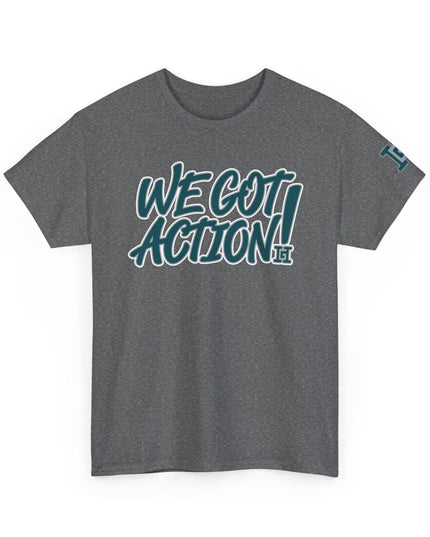 Gar Gear WE GOT ACTION! Drop #111 Heather Grey crew neck t-shirt – front view