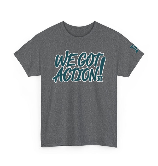 Gar Gear WE GOT ACTION! Drop #111 Heather Grey crew neck t-shirt – front view