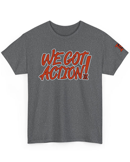 Gar Gear WE GOT ACTION! Drop #112 Heather Grey crew neck t-shirt – front view