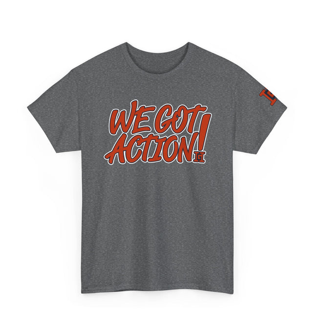 Gar Gear WE GOT ACTION! Drop #112 Heather Grey crew neck t-shirt – front view