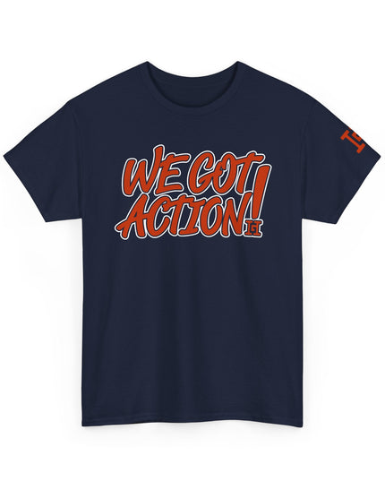 Gar Gear WE GOT ACTION! Drop #112 Navy Blue crew neck t-shirt – front view