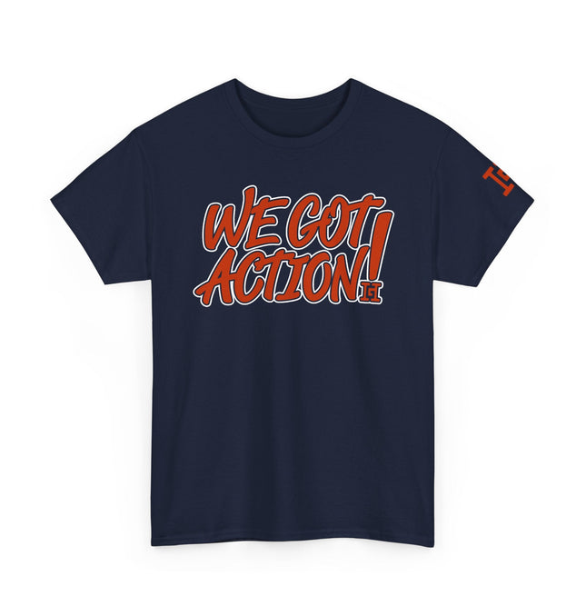 Gar Gear WE GOT ACTION! Drop #112 Navy Blue crew neck t-shirt – front view